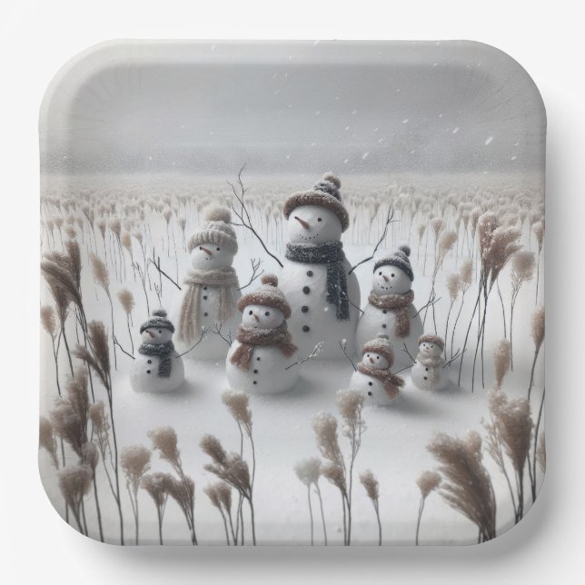 Christmas Snowman Family In Country Field Paper Plate (Front)