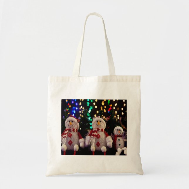 Christmas Snowman Family Ornaments Tree Photo Tote (Front)