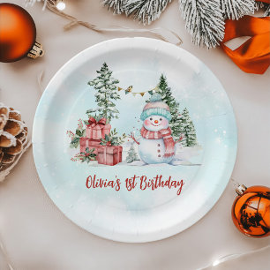 Christmas Snowman First Birthday Paper Plate