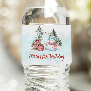 Christmas Snowman First Birthday Water Bottle Label