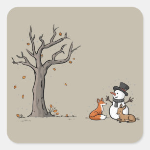 Christmas Snowman Fox And Deer Woodland Animal Square Sticker