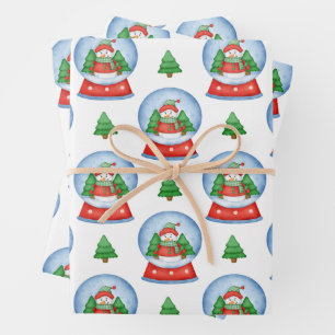 Christmas Snowman Globe and Christmas Trees Wrapping Paper Sheet