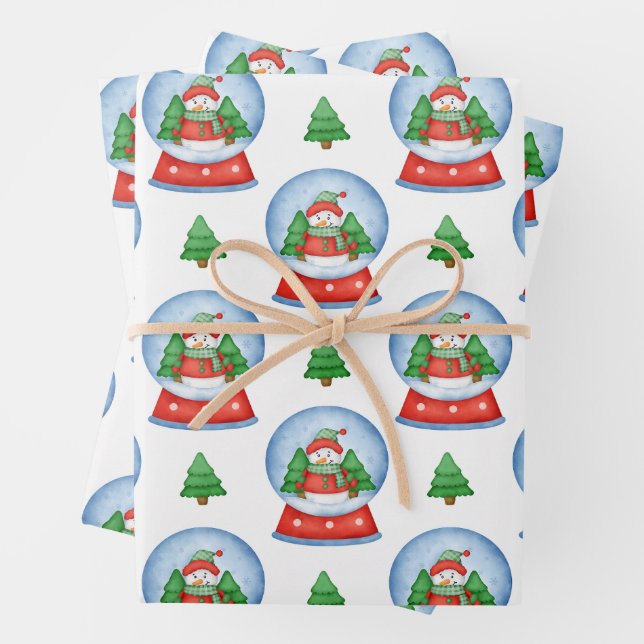 Christmas Snowman Globe and Christmas Trees  Wrapping Paper Sheet (In situ)