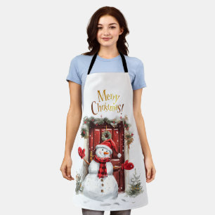 Christmas Snowman Gold Merry Christmas Text Apron