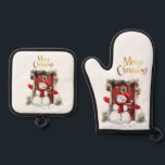Christmas Snowman Gold Merry Christmas Text Oven Mitt & Pot Holder Set<br><div class="desc">Christmas Snowman with a carrot nose and santa hat.   Merry Christmas text in gold</div>