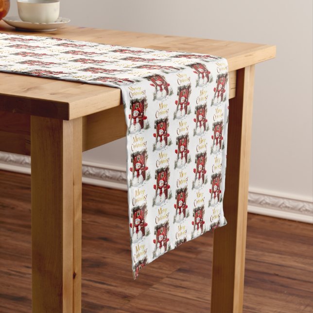 Christmas Snowman Gold Merry Christmas Text Short Table Runner (In Situ)