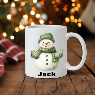 Christmas Snowman Green Hat Custom Name Coffee Mug
