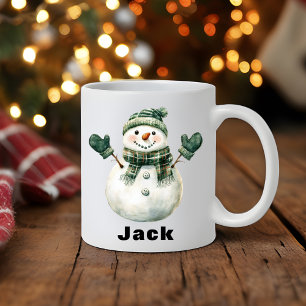 Christmas Snowman Green Hat Custom Name Coffee Mug