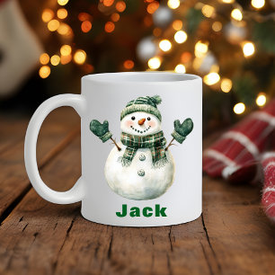 Christmas Snowman Green Scarf Custom Name Coffee Mug