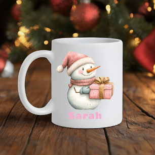 Christmas Snowman Holding Gift Custom Name Coffee Mug