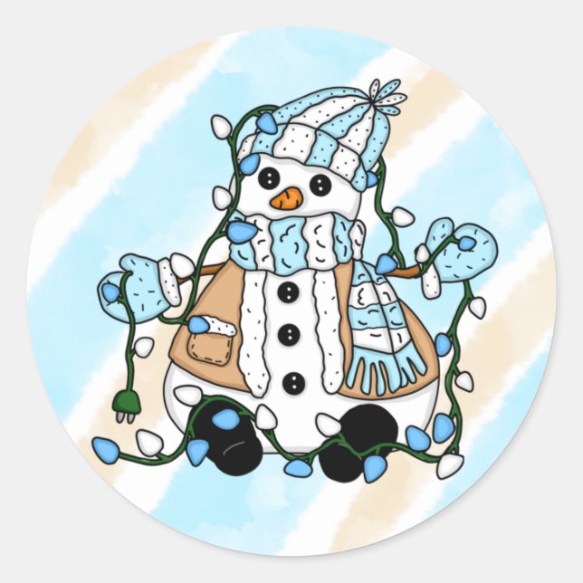 Christmas Snowman holding Lights Classic Round Sticker (Front)