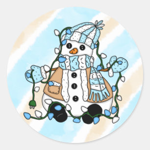 Christmas Snowman holding Lights Classic Round Sticker