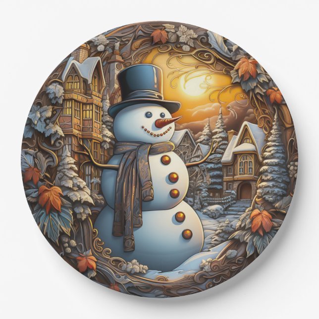 Christmas Snowman Holiday Paper Plate (Front)