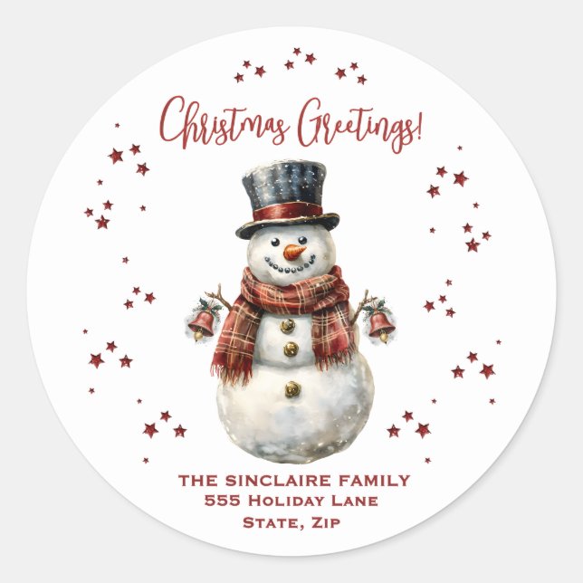 Christmas Snowman Holiday With Name Classic Round Sticker (Front)