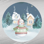 Christmas Snowman Houses Rabbit Trees Watercolor  Classic Round Sticker<br><div class="desc">Watercolor houses with a snowman,  rabbit,  pine trees and snow under a star lit night.</div>
