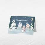 Christmas Snowman Houses Rabbit Watercolor Holiday Card<br><div class="desc">Watercolor houses with a snowman,  rabbits,  pine trees and snow under a star lit night.</div>