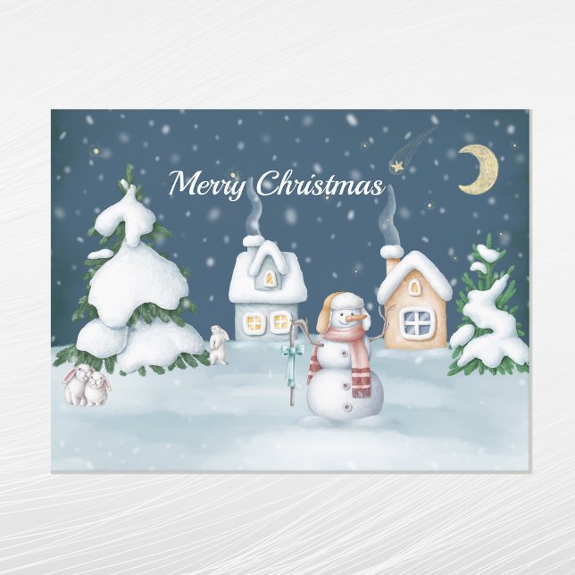Christmas Snowman Houses Rabbit Watercolor Holiday Postcard (Creator Uploaded)