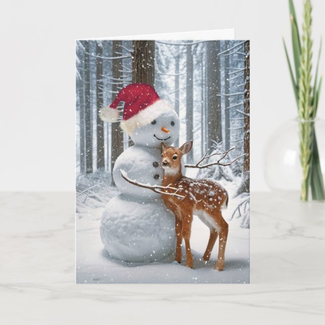 Christmas Snowman Hugging a Fawn Holiday Card (Front)