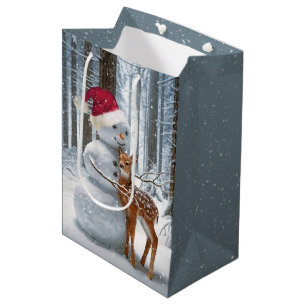 Christmas Snowman Hugging a Fawn Medium Gift Bag