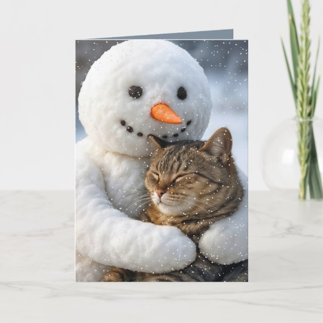 Christmas Snowman Hugging a Tabby Cat Card (Front)
