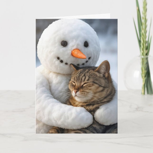 Christmas Snowman Hugging a Tabby Cat Card (Front)