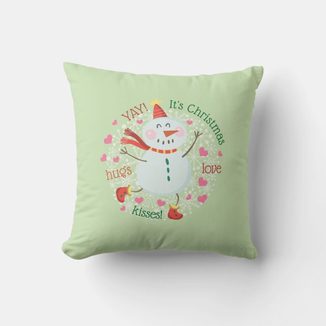 Christmas Snowman Hugs Love Kisses Green Cushion (Front)