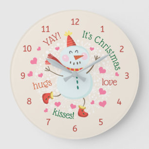 Christmas Snowman Hugs Love Kisses Large Clock