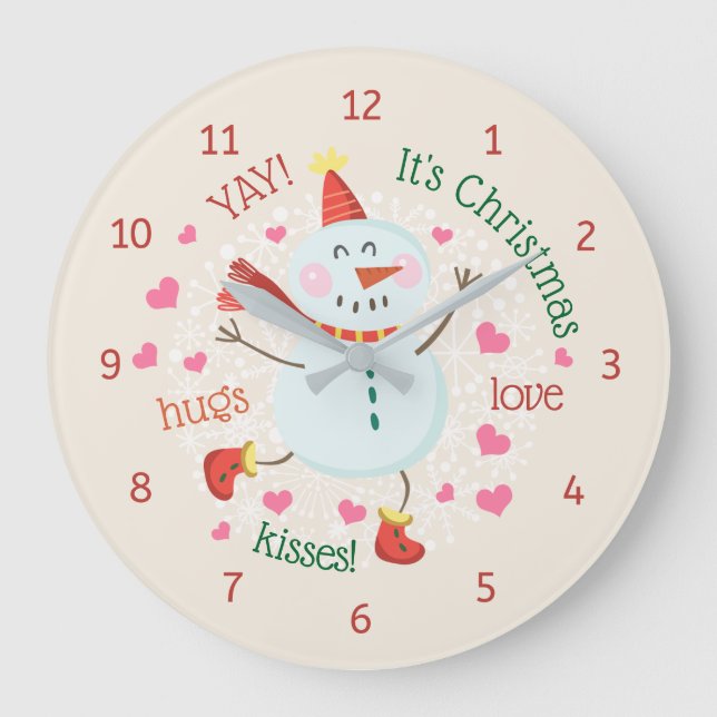 Christmas Snowman Hugs Love Kisses Large Clock (Front)