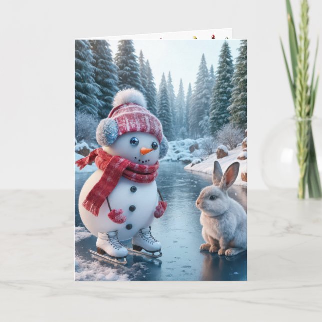 Christmas Snowman Ice Skating Holiday Card (Front)