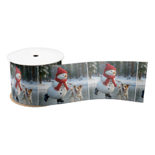 Christmas Snowman Ice Skating With Dog Satin Ribbon