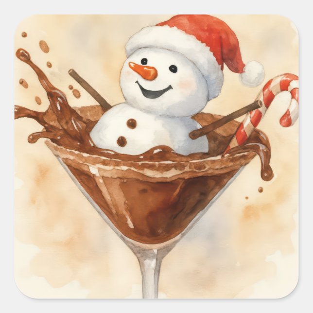 Christmas Snowman In a Chocolate Martini Square Sticker (Front)