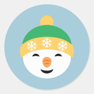 Christmas Snowman in Green Hat on Light Blue Classic Round Sticker