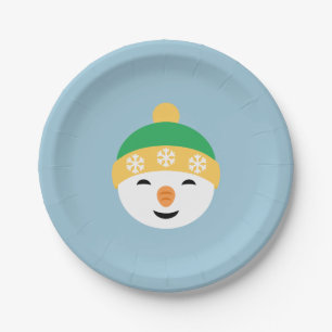 Christmas Snowman in Green Hat on Light Blue Paper Plate