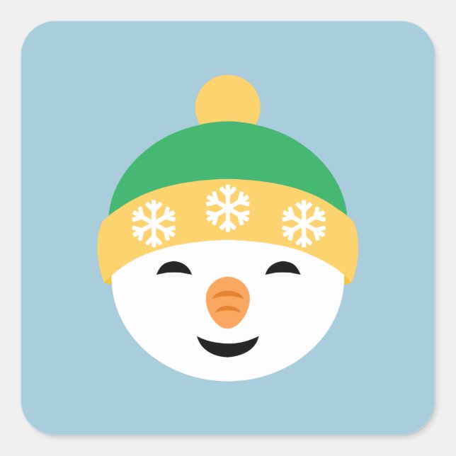 Christmas Snowman in Green Hat on Light Blue Square Sticker (Front)