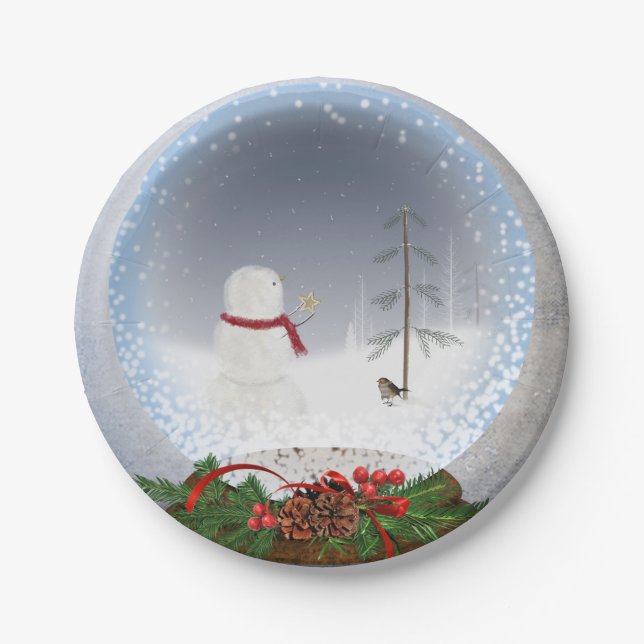 Christmas snowman in snow globe paper plate (Front)