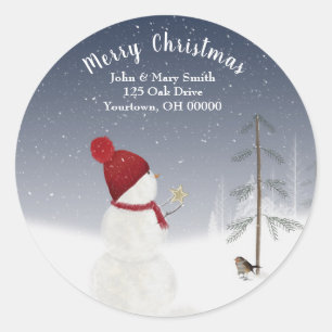 Christmas snowman in snowflakes classic round sticker