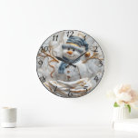 Christmas Snowman in Snowflakes Large Clock<br><div class="desc">A delightful Christmas clock featuring a cheerful snowman adorned in a blue scarf and hat. Set against a textured background of frosty white,  the intricate design captures the essence of winter wonder,  evoking a warm holiday spirit.</div>