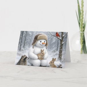 Christmas Snowman In Winter Woods With Animal Card