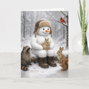 Christmas Snowman In Winter Woods With Animal Card