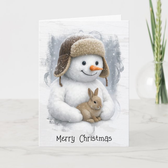 Christmas Snowman In Winter Woods with Bunny Card (Front)