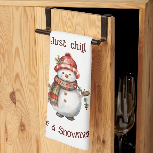 Christmas Snowman Just Chill Quote Fun Watercolor Tea Towel (Thirds Fold)