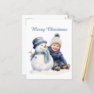 Christmas snowman kid add text watercolor Holiday Postcard