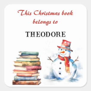 Christmas Snowman Kids This Book Belongs To Name Square Sticker