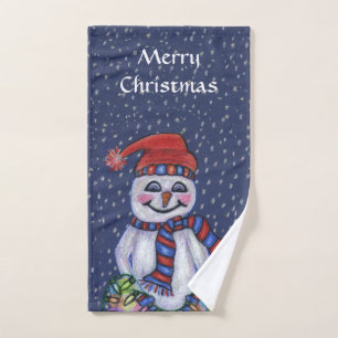 Christmas Snowman Lights Snow Hat Scarf Dark Blue Hand Towel