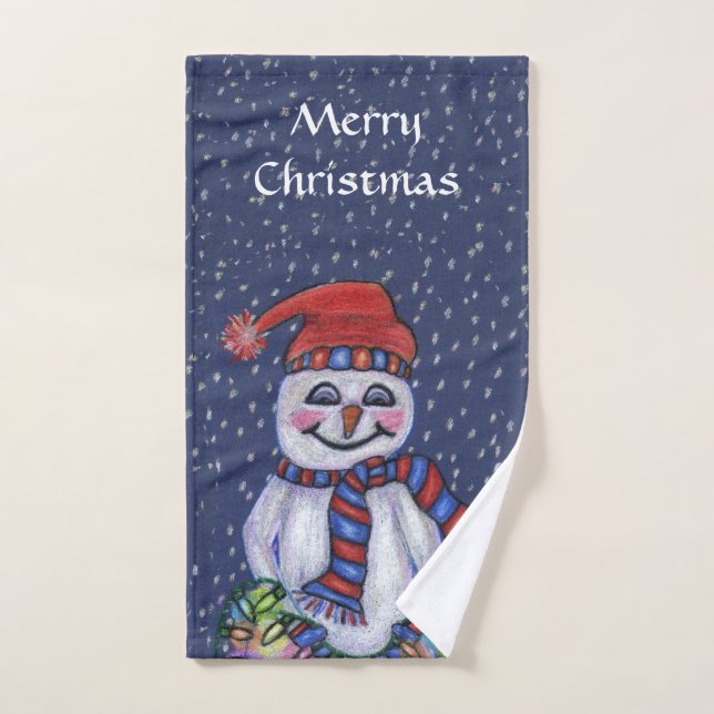 Christmas Snowman Lights Snow Hat Scarf Dark Blue Hand Towel (Hand Towel)