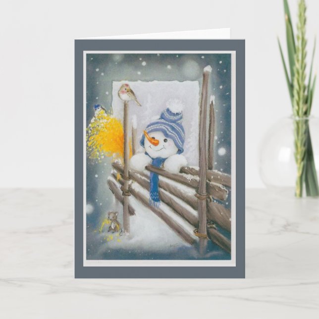 Christmas Snowman Looking At Bird Holiday Card (Front)