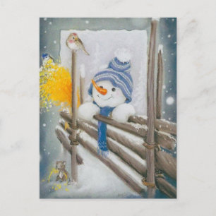 Christmas Snowman Looking At Bird Holiday Postcard