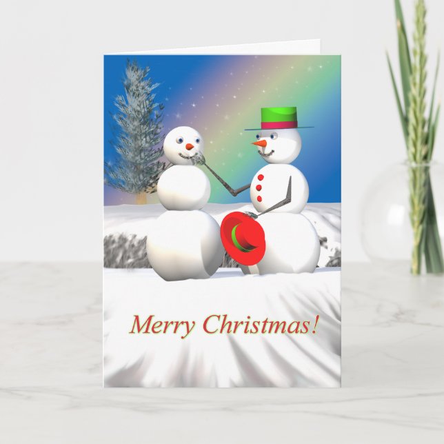 Christmas Snowman Making a Friend Holiday Card (Front)