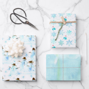 Christmas Snowman Mittens Snowflakes Winter Wrapping Paper Sheet