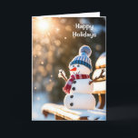Christmas Snowman On a Park Bench Holiday Card<br><div class="desc">Cute Christmas snowman on a park bench in a winter forest with sunbeams</div>